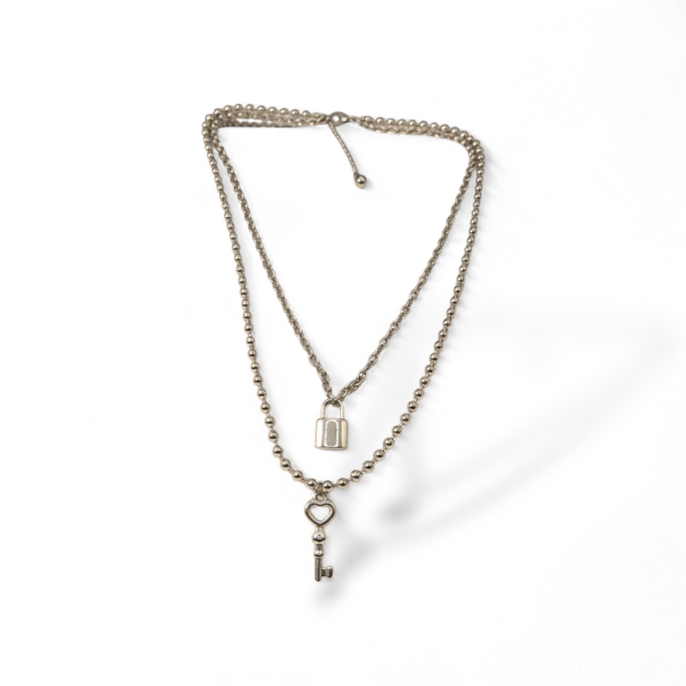 Silver-Tone Layered Padlock & Key Necklace - Women Jewelry